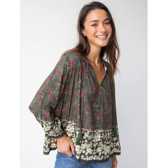 Natural Life Dara Top, Green Floral Border, size large, MSRP $49 - Picture 1 of 11